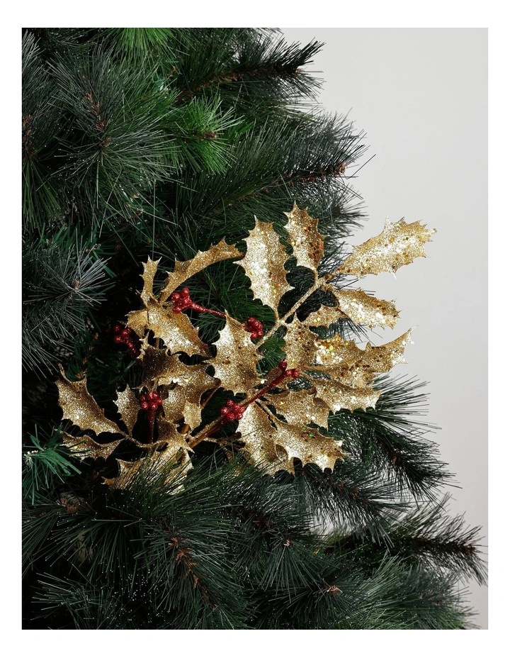 Heirloom Christmas Glittered Faux Holly Leaves & Berry Spray PickGold: 50 cm image 4