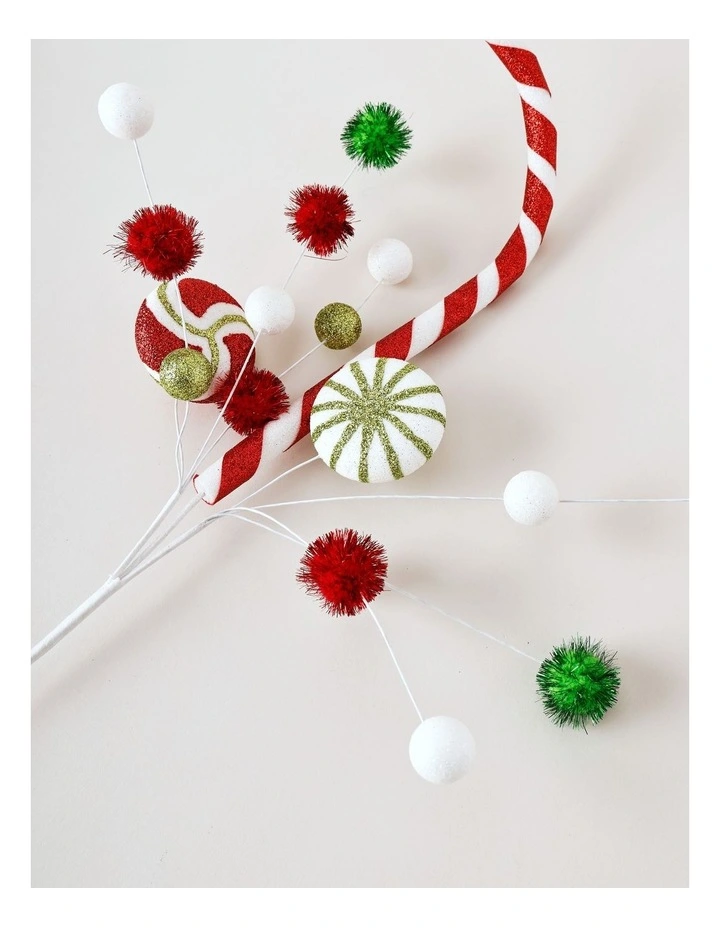 Candyland Christmas Candy Cane & Pompom Spray Pick 50cm in Multi image 2