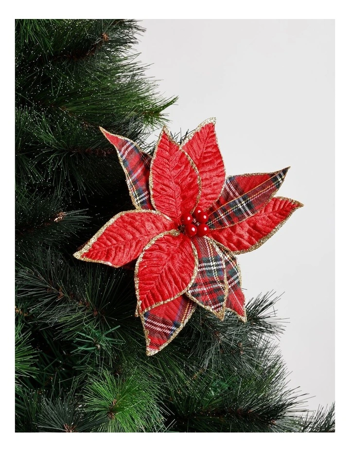 Heirloom Christmas Fabric Tartan Poinsietta Pick 50 cm in Red image 1