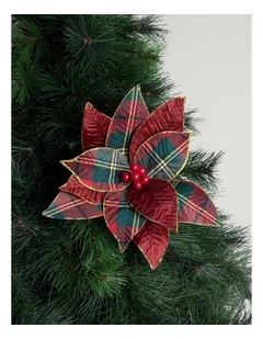Heirloom Christmas Fabric Tartan Poinsietta Pick 50 cm in Red