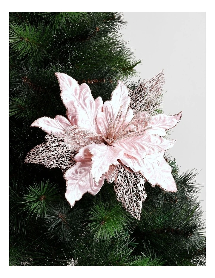 Luxe Christmas Velvet Poinsettia Pick with Glitter & Mesh Petals 50cm in Pink image 1
