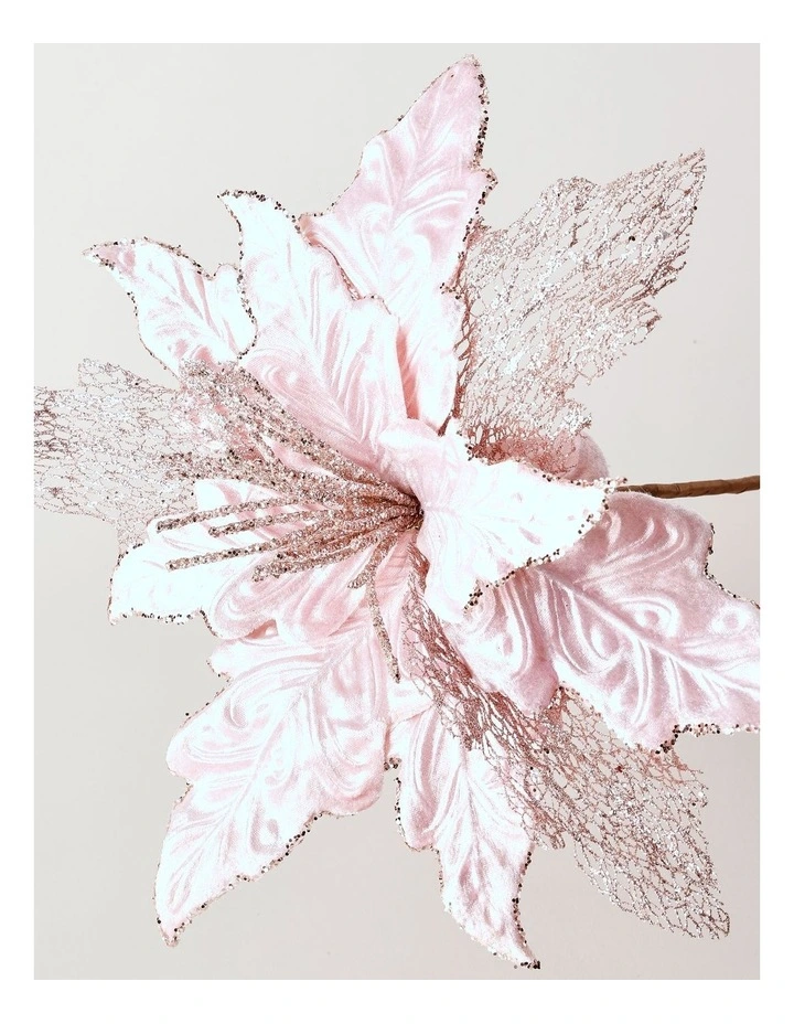Luxe Christmas Velvet Poinsettia Pick with Glitter & Mesh Petals 50cm in Pink image 3