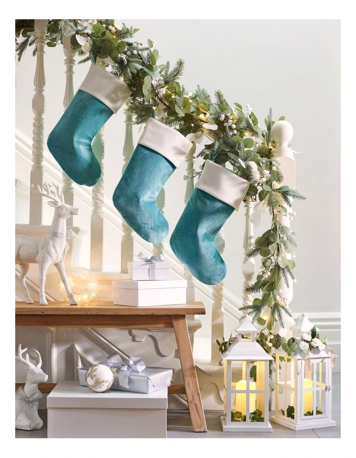 Eucalyptus Christmas Fabric Velvet Stocking with Contrast Cuff Stocking 43cm in Blue image 3
