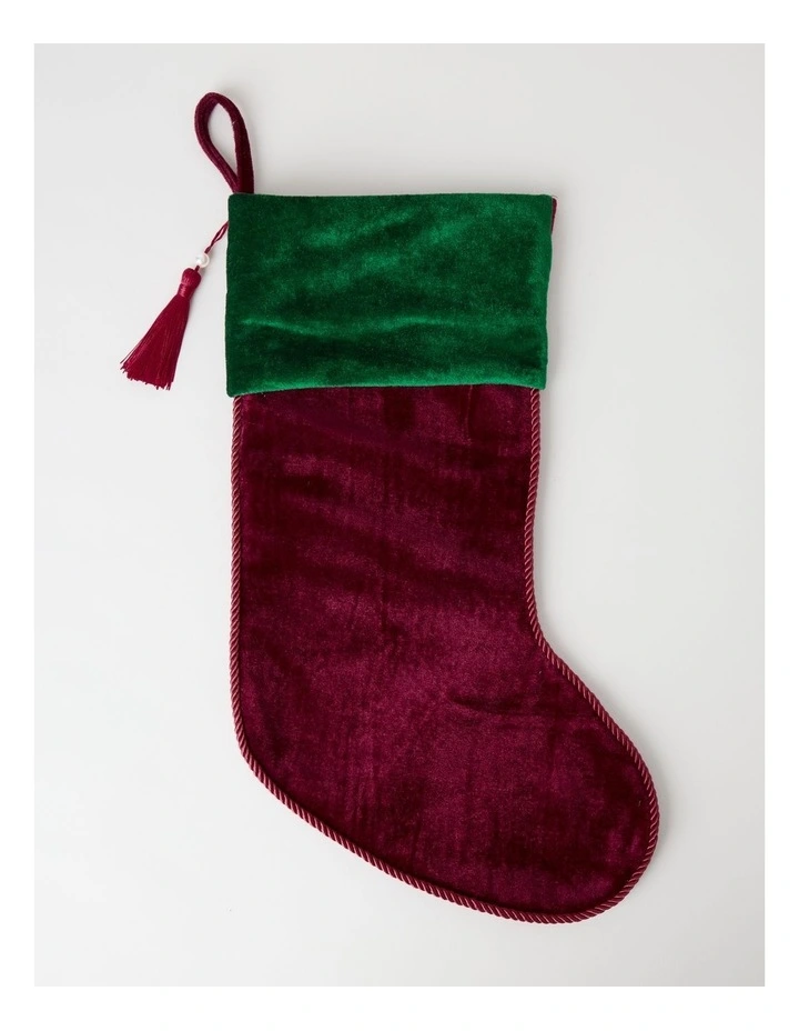 Heirloom Christmas Velvet Stocking with Tassel in Red and Green: 45cm image 1