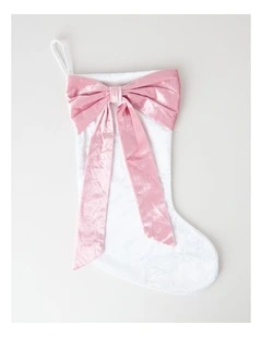 Luxe Christmas Velvet Stocking with Bow in White and Pink: 43cm