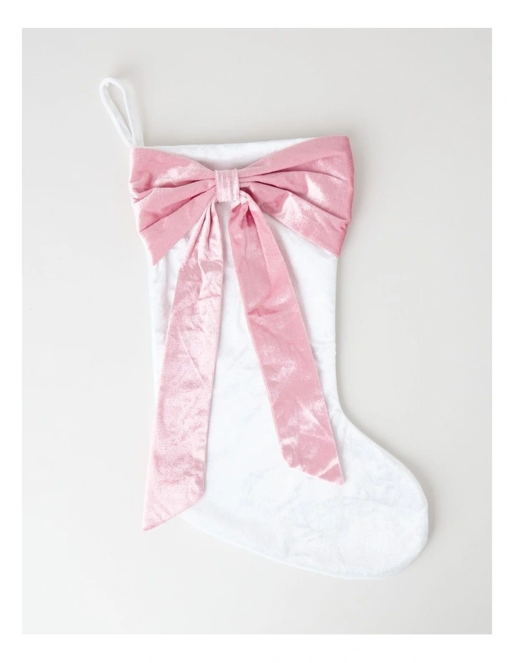 Luxe Christmas Velvet Stocking with Bow in White and Pink: 43cm image 1