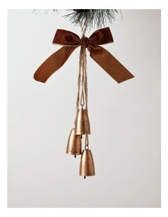 Harvest Christmas Rustic Metal Bell Cluster Ornament with Bow 25cm in Multi