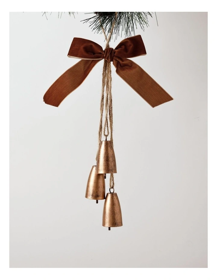 Harvest Christmas Rustic Metal Bell Cluster Ornament with Bow 25cm in Multi image 1