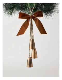 Harvest Christmas Rustic Metal Bell Cluster Ornament with Bow 25cm in Multi