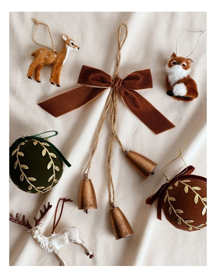 Harvest Christmas Rustic Metal Bell Cluster Ornament with Bow 25cm in Multi image 3