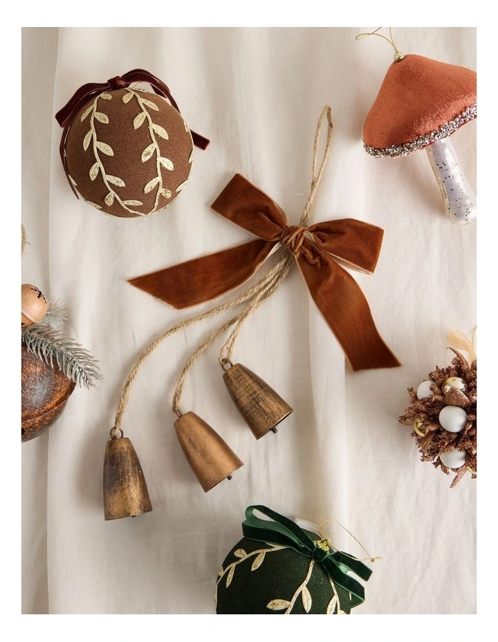 Harvest Christmas Rustic Metal Bell Cluster Ornament with Bow 25cm in Multi image 3