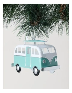 Eucalyptus Christmas Metal Bus with Surfboard Hanging Decoration 10cm in Blue/White