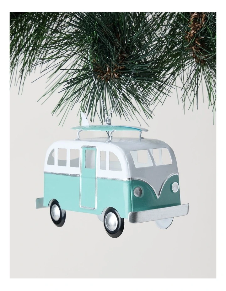 Eucalyptus Christmas Metal Bus with Surfboard Hanging Decoration 10cm in Blue/White image 1