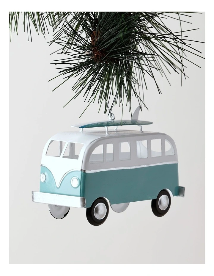 Eucalyptus Christmas Metal Bus with Surfboard Hanging Decoration 10cm in Blue/White image 1