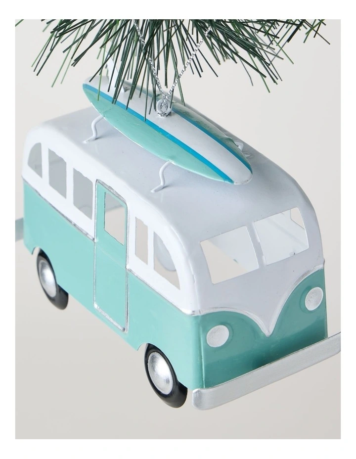 Eucalyptus Christmas Metal Bus with Surfboard Hanging Decoration 10cm in Blue/White image 2