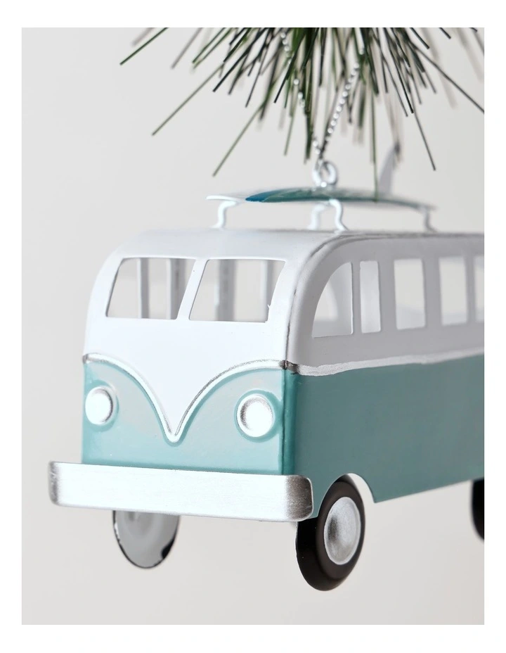 Eucalyptus Christmas Metal Bus with Surfboard Hanging Decoration 10cm in Blue/White image 2