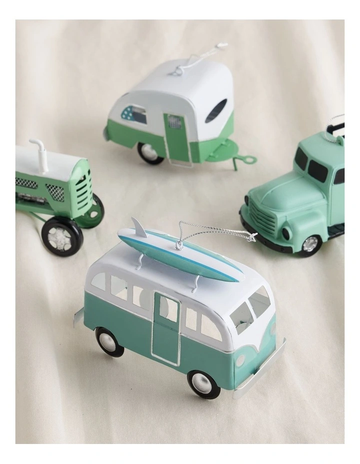 Eucalyptus Christmas Metal Bus with Surfboard Hanging Decoration 10cm in Blue/White image 3