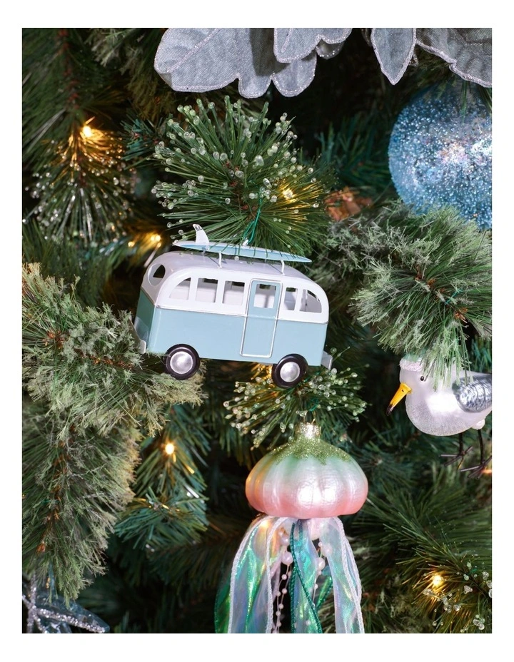 Eucalyptus Christmas Metal Bus with Surfboard Hanging Decoration 10cm in Blue/White image 3