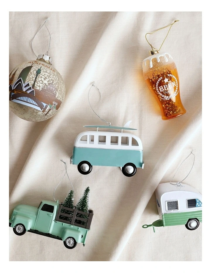 Eucalyptus Christmas Metal Bus with Surfboard Hanging Decoration 10cm in Blue/White image 4