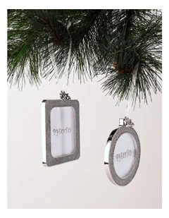 Luxe Christmas Assorted Metal Glitter Rectangle & Circle Frame Ornaments 8cm in White