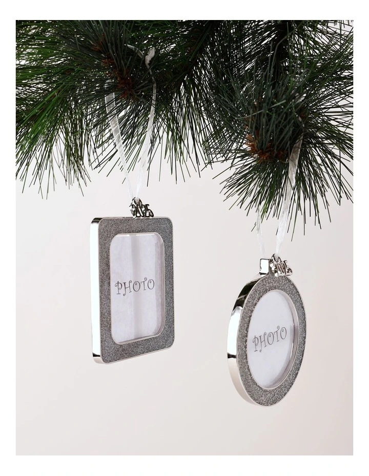 Luxe Christmas Assorted Metal Glitter Rectangle & Circle Frame Ornaments 8cm in White image 1