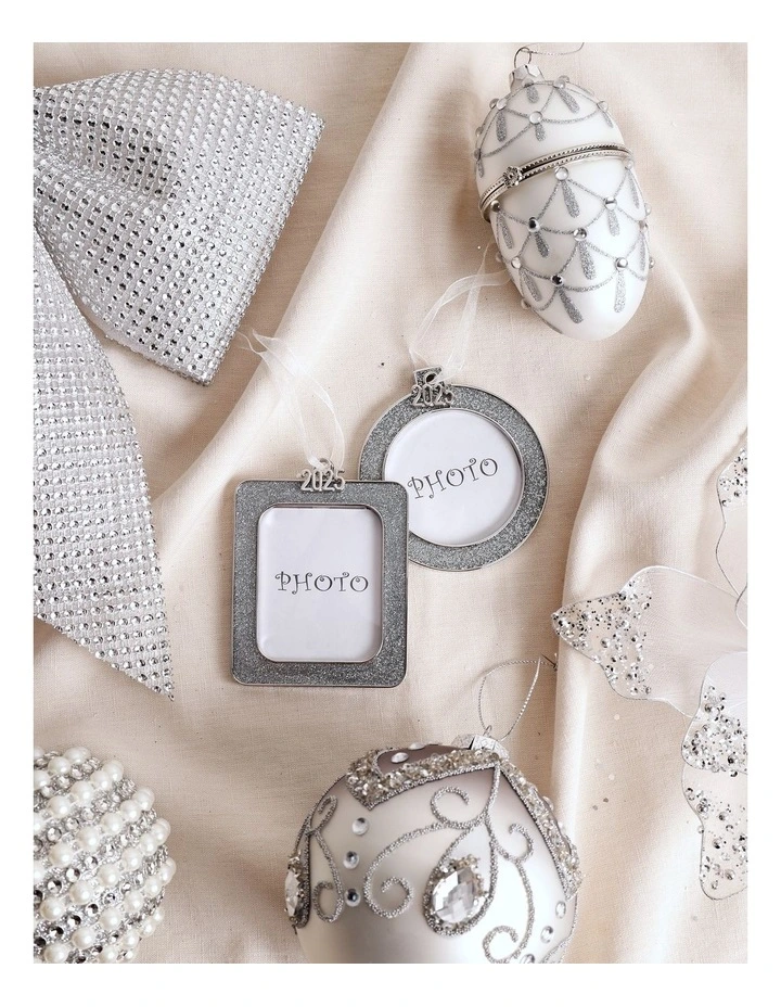 Luxe Christmas Assorted Metal Glitter Rectangle & Circle Frame Ornaments 8cm in White image 3