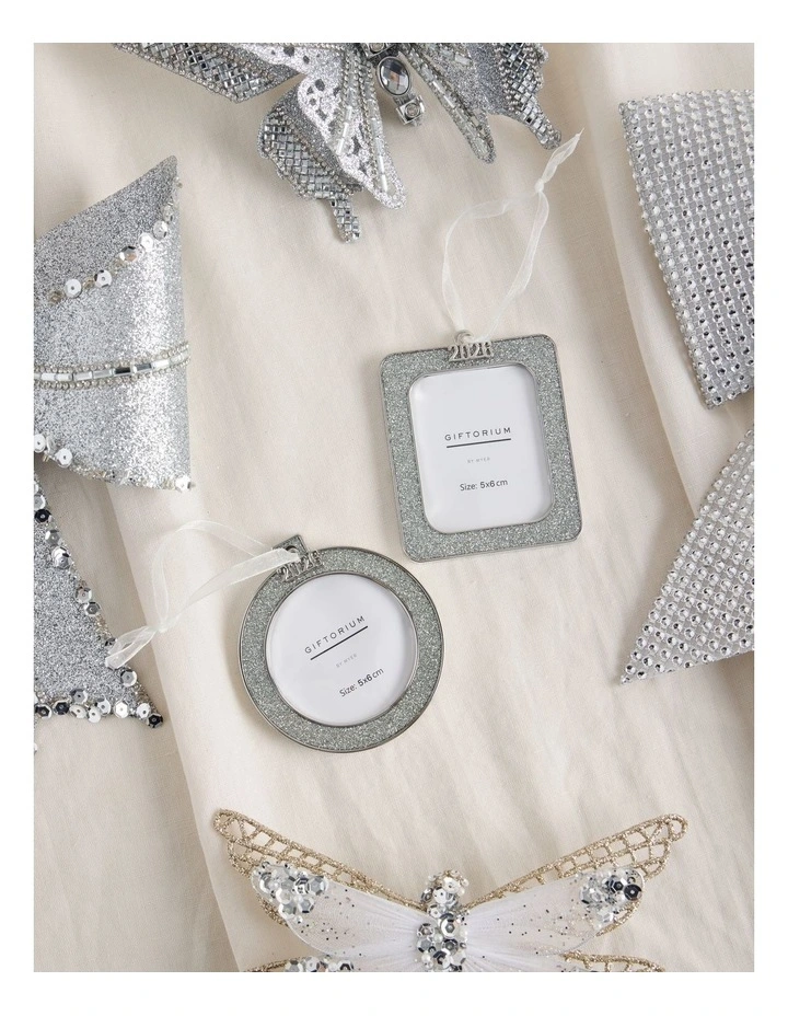 Luxe Christmas Assorted Metal Glitter Rectangle & Circle Frame Ornaments 8cm in White image 4