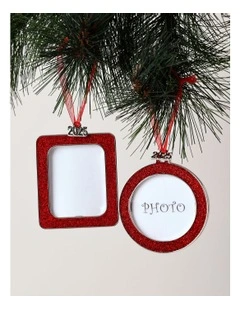 Heirloom Christmas Assorted Metal Glitter Rectangle & Square Frame Ornaments 8cm in Red