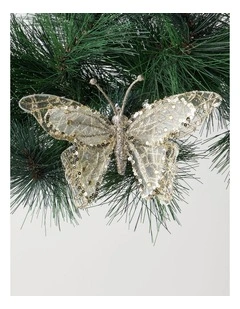 Luxe Christmas Gold Glitter Mesh Butterfly Clip-On Ornament