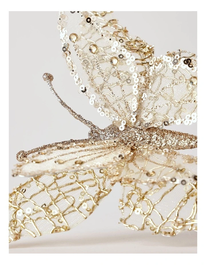 Luxe Christmas Gold Glitter Mesh Butterfly Clip-On Ornament image 4