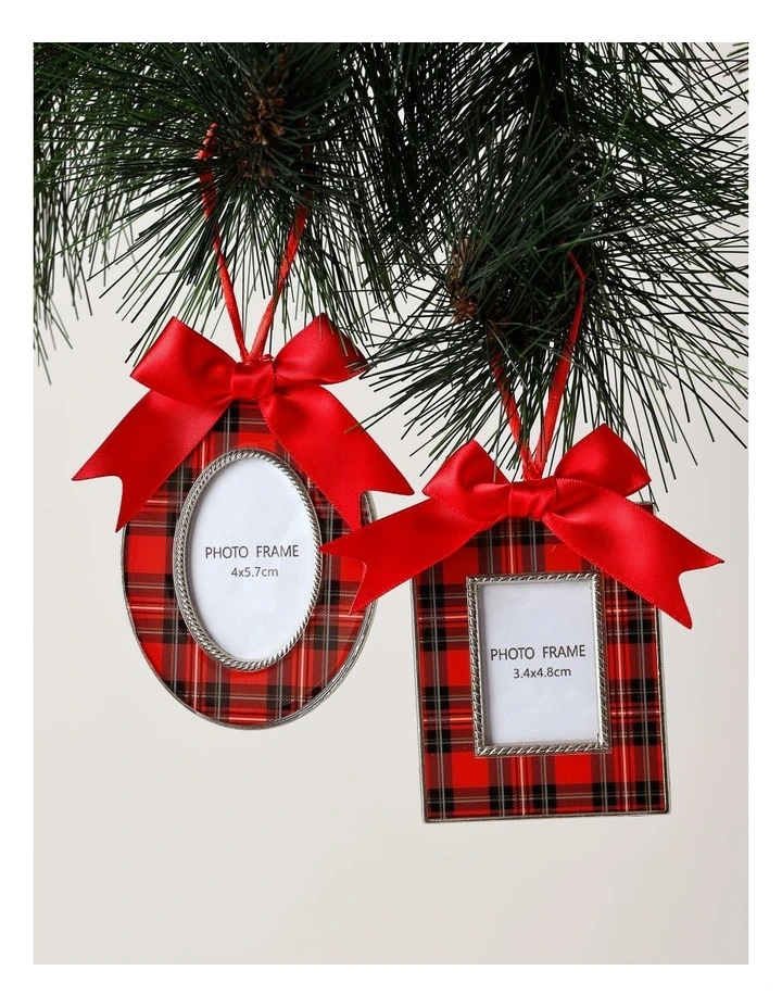 Heirloom Christmas Assorted Metal Tartan Square & Oval Photo Frame Ornaments 8cm & 9cm in Multi image 1
