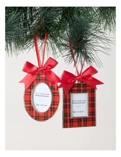 Heirloom Christmas Assorted Metal Tartan Square & Oval Photo Frame Ornaments 8cm & 9cm in Multi