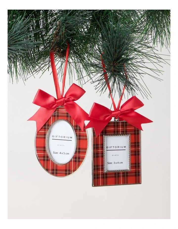 Heirloom Christmas Assorted Metal Tartan Square & Oval Photo Frame Ornaments 8cm & 9cm in Multi image 1