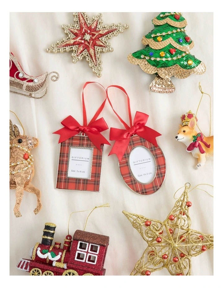Heirloom Christmas Assorted Metal Tartan Square & Oval Photo Frame Ornaments 8cm & 9cm in Multi image 4