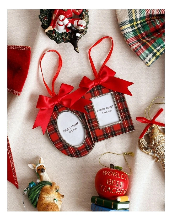 Heirloom Christmas Assorted Metal Tartan Square & Oval Photo Frame Ornaments 8cm & 9cm in Multi image 4