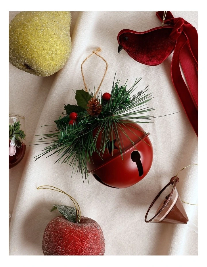 Heirloom Christmas Metal Bell Bauble withFoliage 10cm in Red image 3