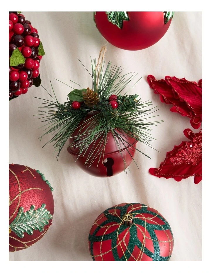 Heirloom Christmas Metal Bell Bauble withFoliage 10cm in Red image 3