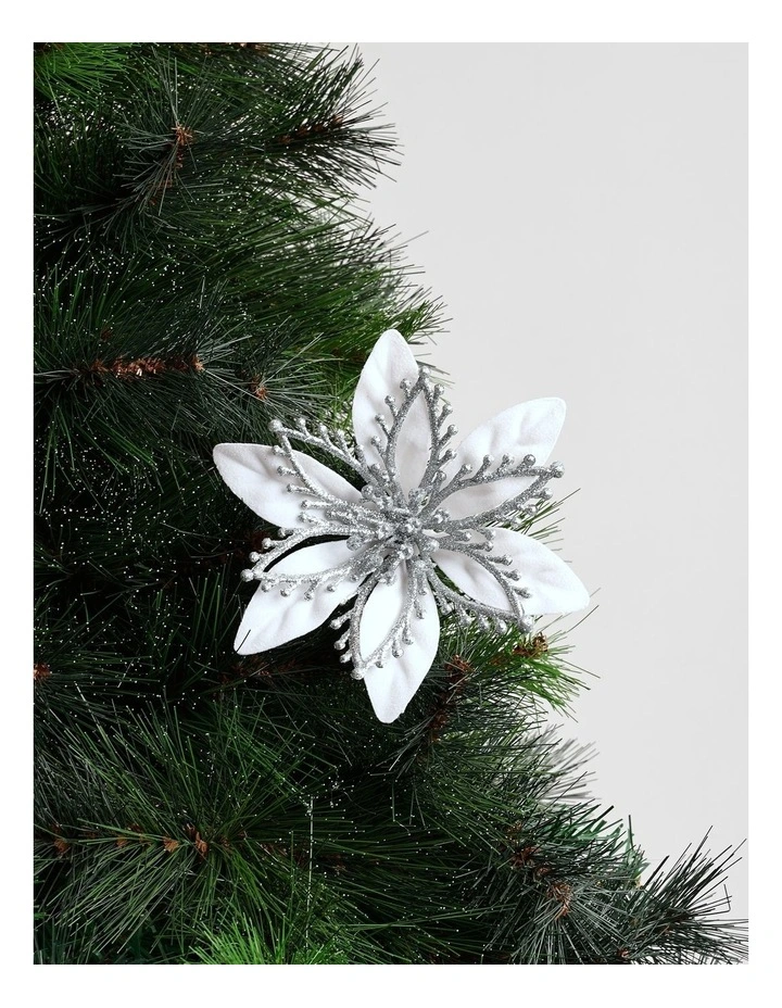 Luxe Christmas Velvet & Glitter Flower Clip 17cm in White image 1