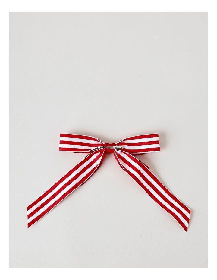 Heirloom Christmas Fabric Striped Bow Clip 21cm in Red/White image 3