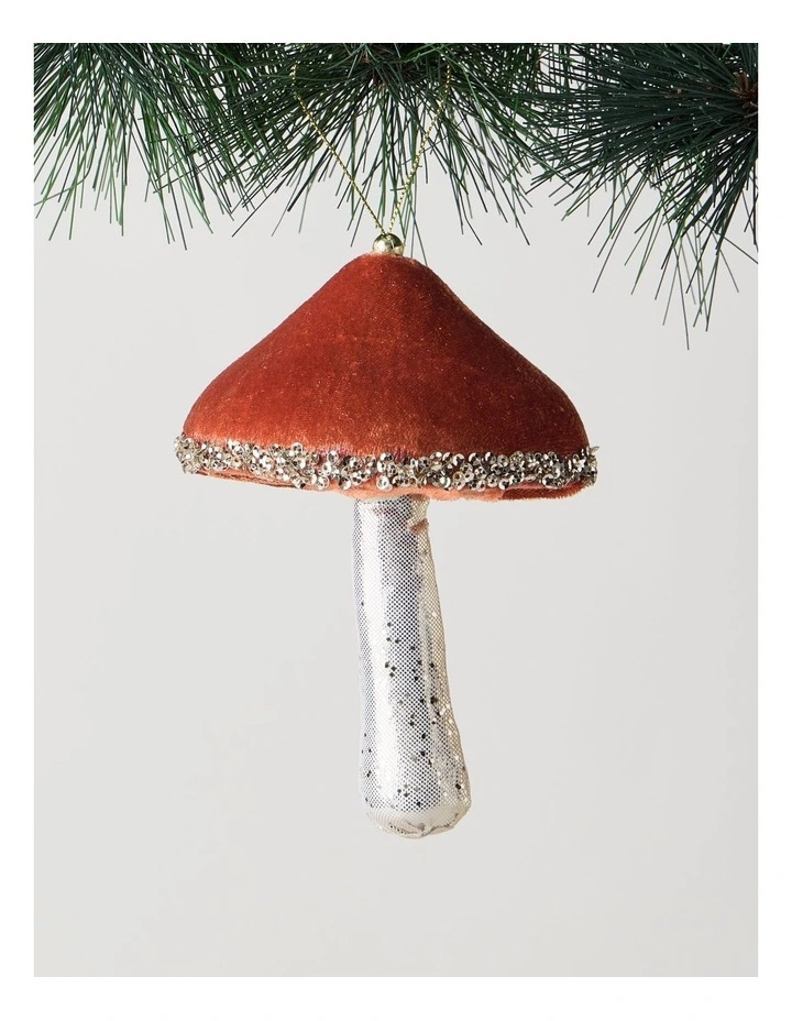 Harvest Christmas Velvet Mushroom Ornament 14cm in Brown image 1