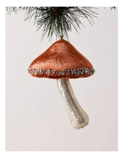 Harvest Christmas Velvet Mushroom Ornament 14cm in Brown