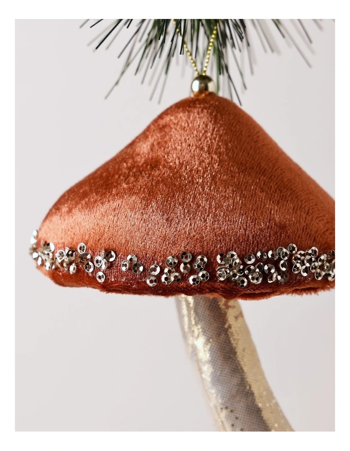 Harvest Christmas Velvet Mushroom Ornament 14cm in Brown image 2