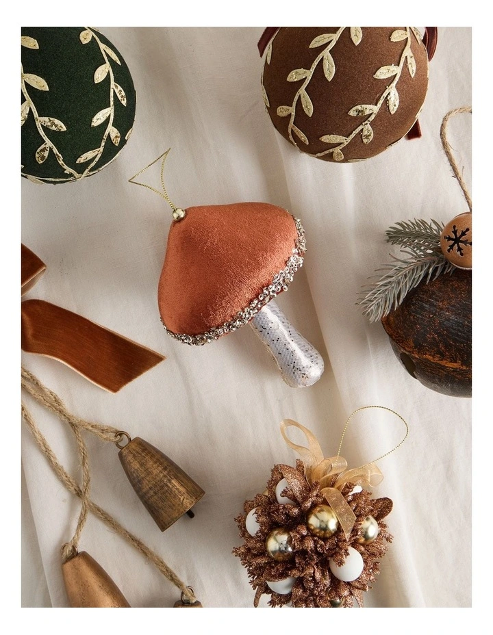Harvest Christmas Velvet Mushroom Ornament 14cm in Brown image 4