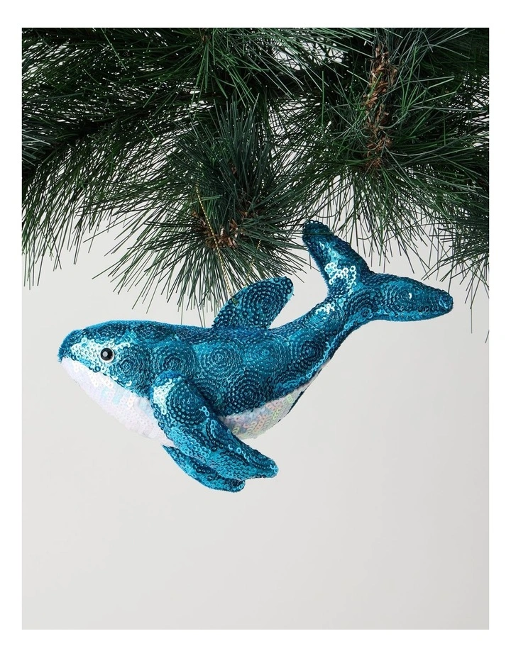 Eucalyptus Christmas Plush Sequin Whale Ornament 17cm in Blue image 1
