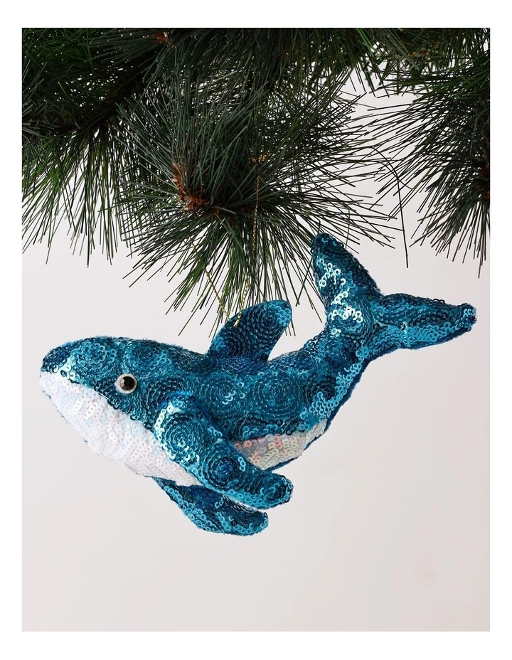 Eucalyptus Christmas Plush Sequin Whale Ornament 17cm in Blue image 1