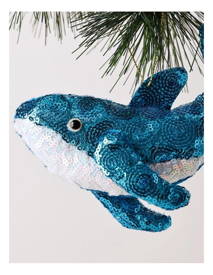 Eucalyptus Christmas Plush Sequin Whale Ornament 17cm in Blue image 2