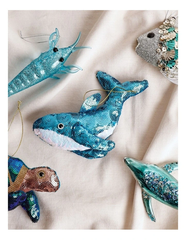 Eucalyptus Christmas Plush Sequin Whale Ornament 17cm in Blue image 3