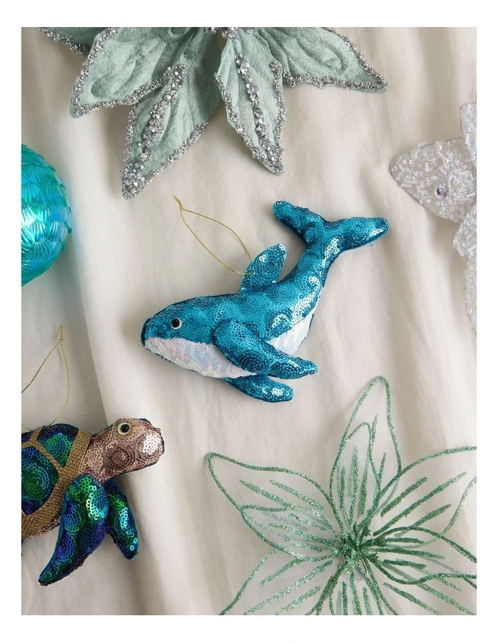 Eucalyptus Christmas Plush Sequin Whale Ornament 17cm in Blue image 5