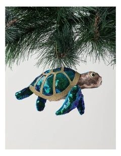 Eucalyptus Christmas Plush Sequin Turtle Ornament 17cm in Green