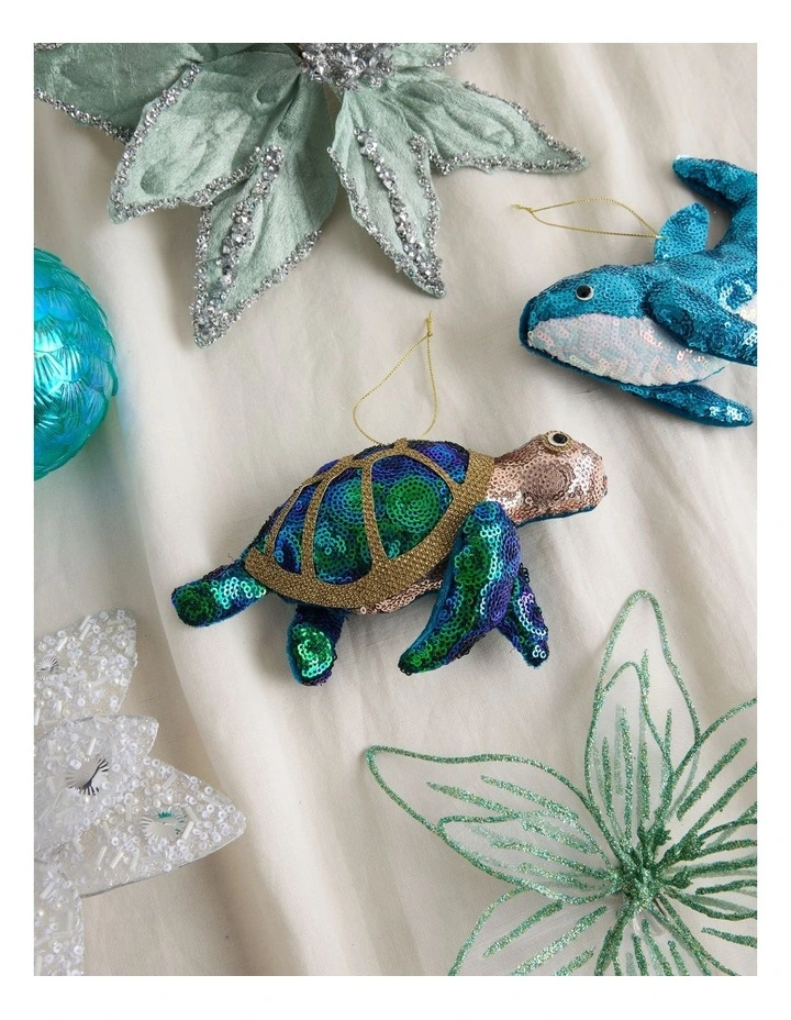 Eucalyptus Christmas Plush Sequin Turtle Ornament 17cm in Green image 3